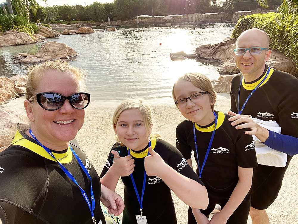 Swimming with dolphins at Discovery Cove in Orlando, Florida