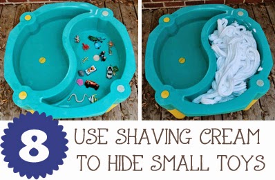 Use Shaving Cream to Hide Small Toys {10 Fun Things to Do with Your Water Table}