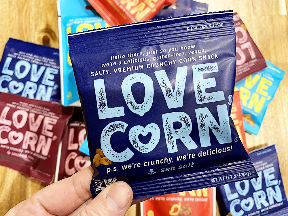 Love, Corn snacks for adults and kids.